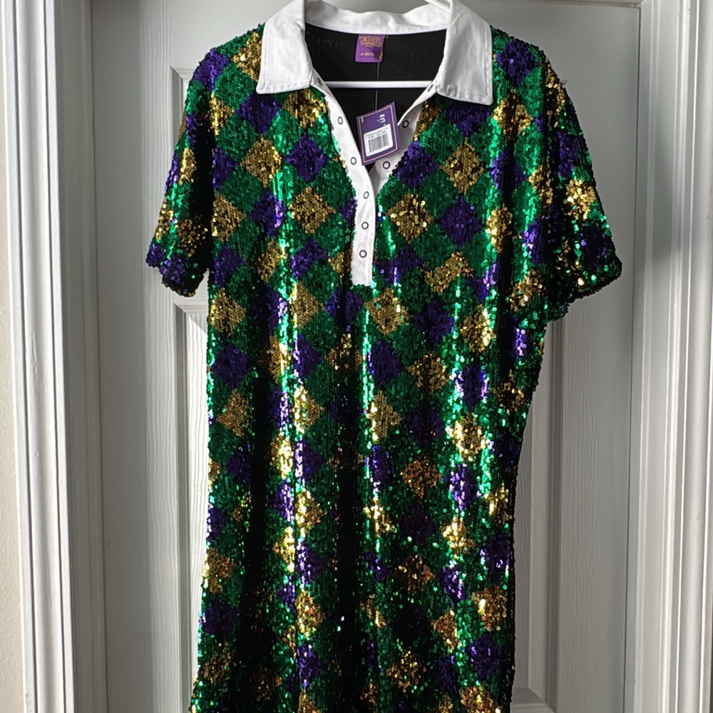 Sequin Harlequin Dress with White Collar